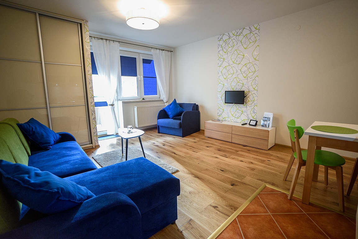 A welcoming studio space features a comfortable blue sofa and a matching armchair, complemented by a small coffee table. A dining table with green chairs is present, and a television is mounted on a light wooden cabinet. Natural light flows through large windows with blue shades.