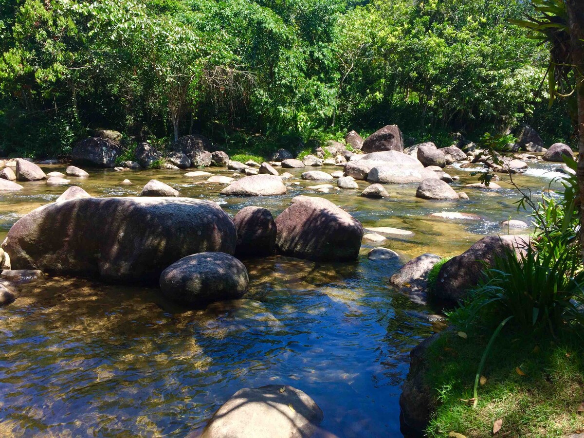 A tranquil river flows through a natural landscape, surrounded by lush greenery. Smooth, round stones are partially submerged in the clear water, reflecting sunlight. Scenic foliage creates a serene backdrop, enhancing the peaceful ambiance of the area.