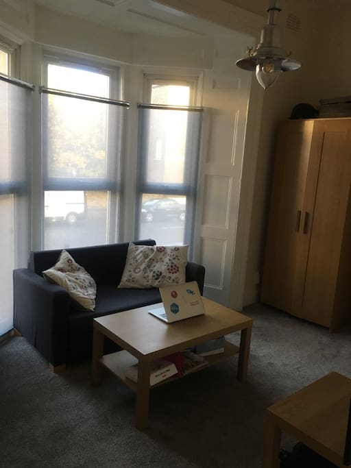 Living room with bay window, storage and sofa bed.