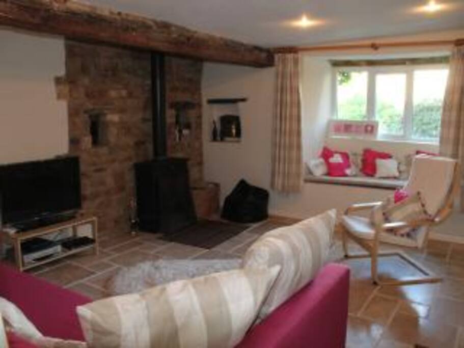 A spacious living room with multi fuel burner and comfortable bed settee for additional or immobile guests