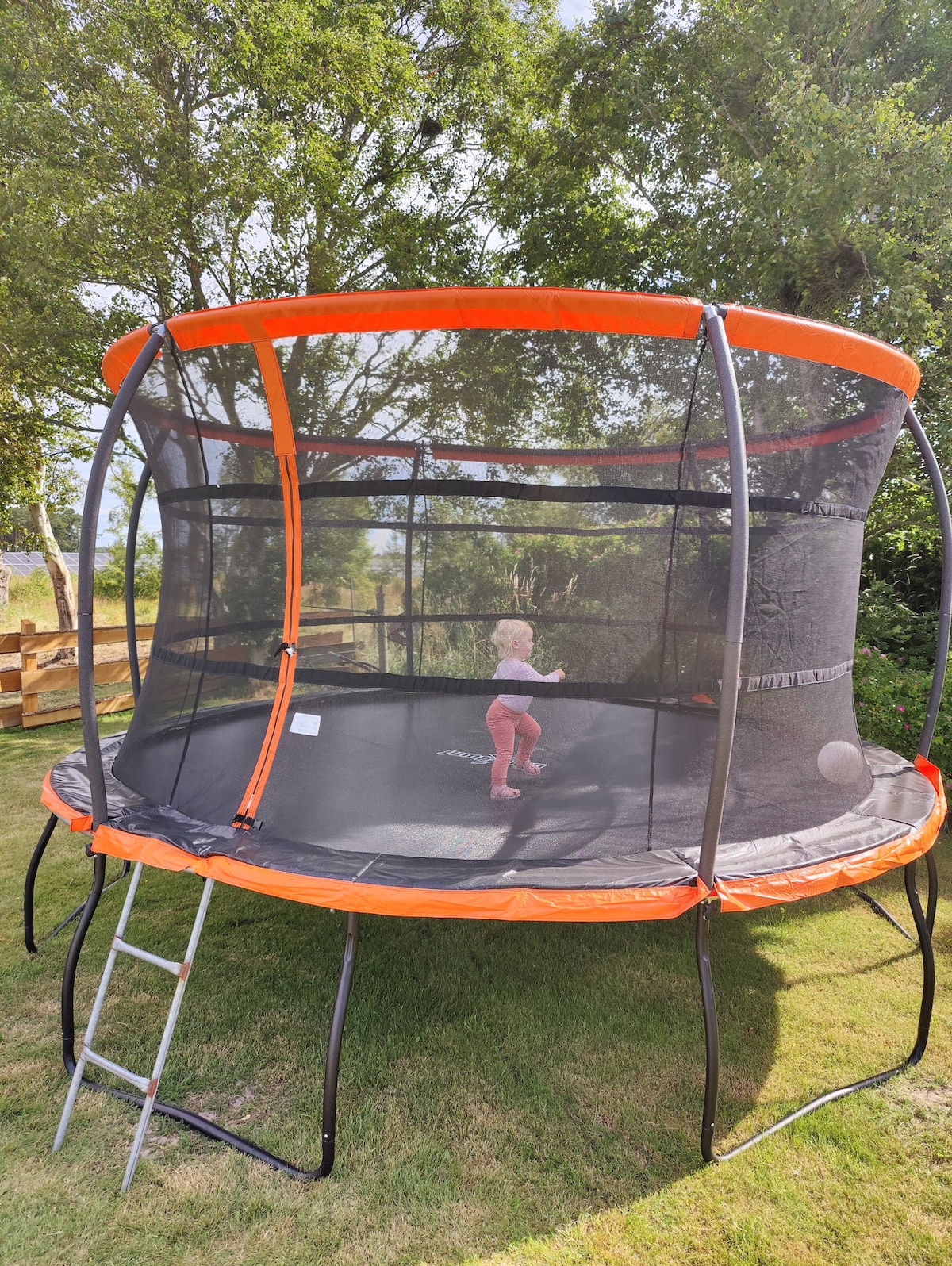 A large, circular trampoline with a bright orange border is set in a grassy area. A safety net surrounds the trampoline, ensuring secure play. A ladder provides access, and trees offer shade in the background, creating a playful outdoor environment.