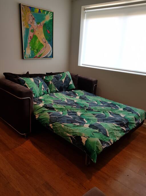 Ultra comfy bed in open position, can also fold up into sofa