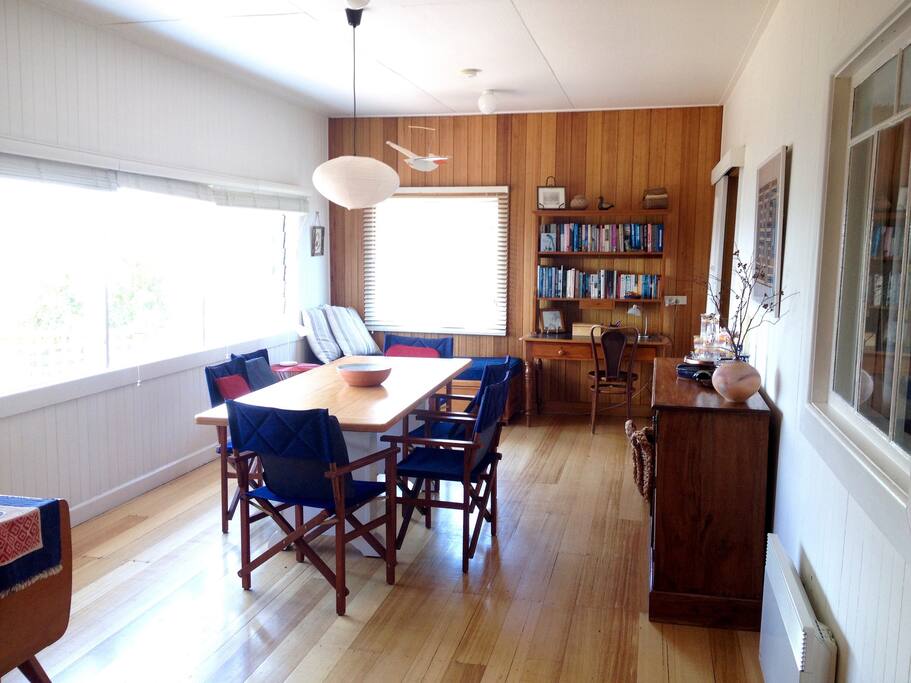 Sunny dining room with water views