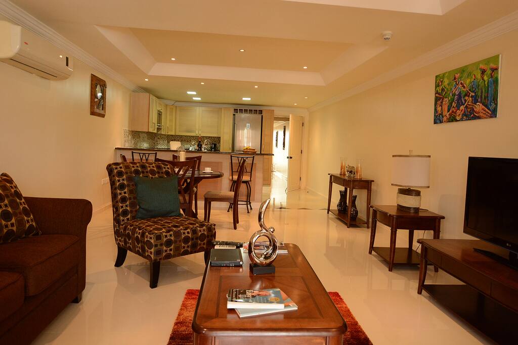 Living, dining and kitchen area