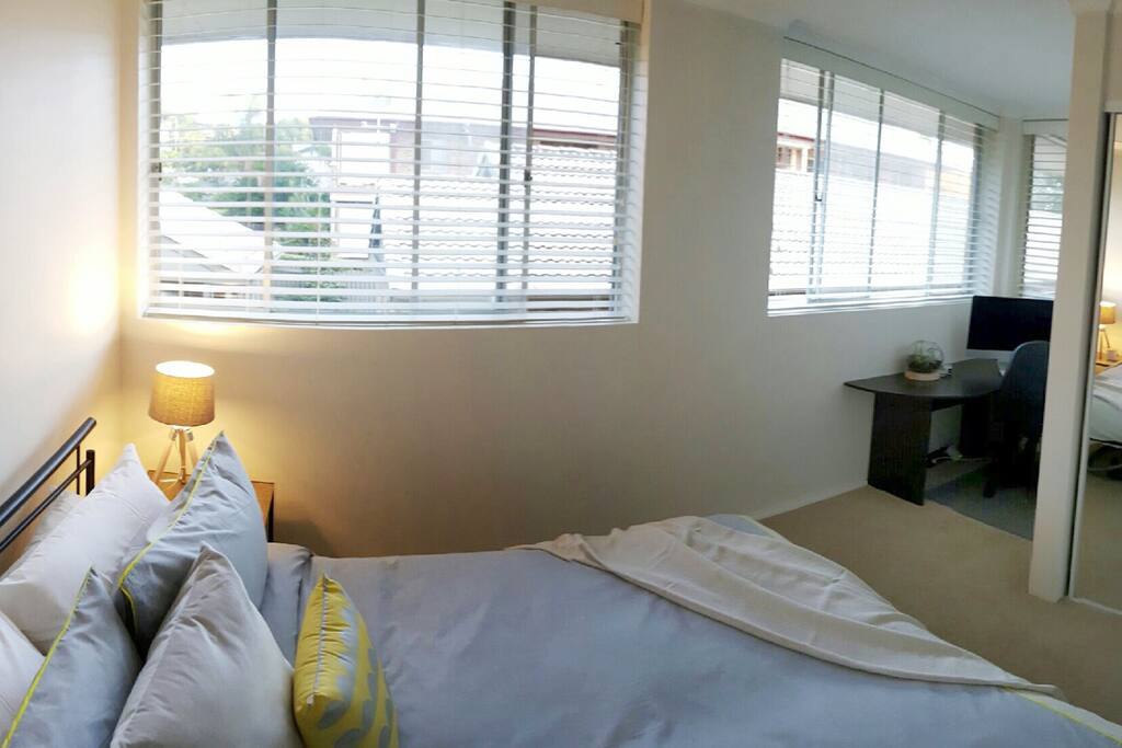 Desk and chair with a 42" television provided. Double mirrored cupboard doors, heaps of storage and a very comfortable room with remote control light and ceiling fan.