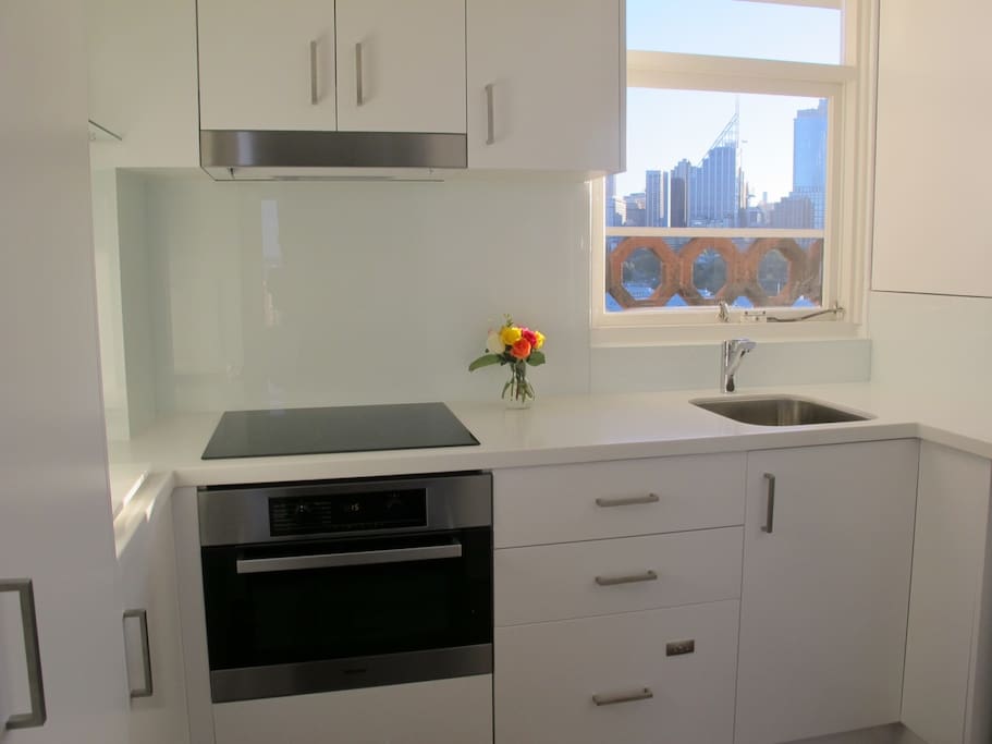 Kitchen with oven, cooktop and dishdraw.