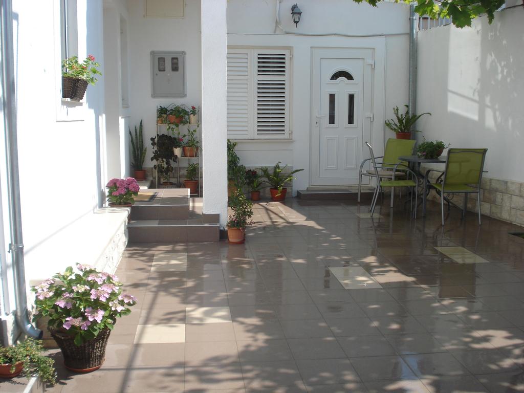 A private terrace is presented, featuring tiled flooring and potted plants, creating a green and serene environment. A small table surrounded by four green chairs is seen, inviting outdoor relaxation. Natural light casts gentle shadows from the overhead foliage.