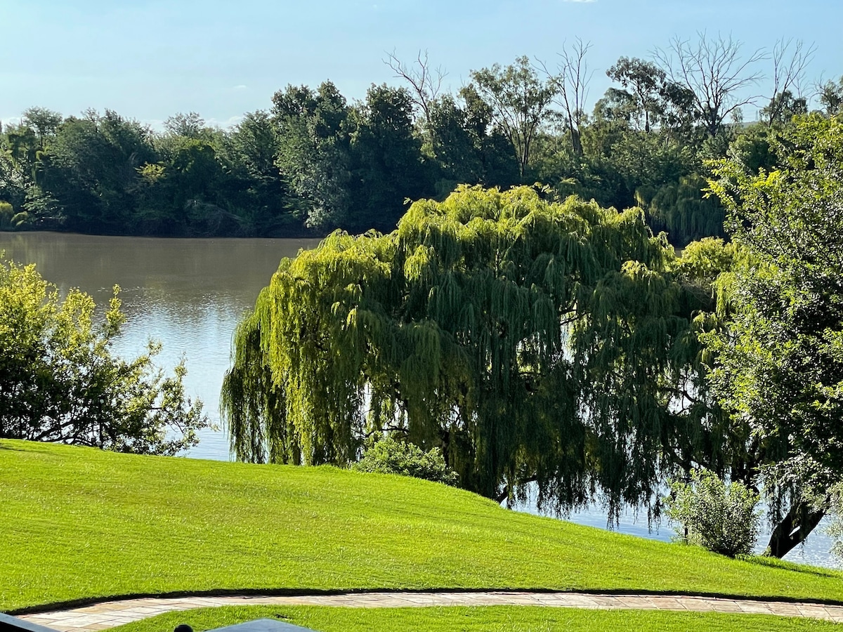 A serene view of the river is captured, showcasing lush greenery along the banks. A prominent willow tree with cascading branches creates a tranquil atmosphere, while the calm water reflects the surrounding natural beauty.