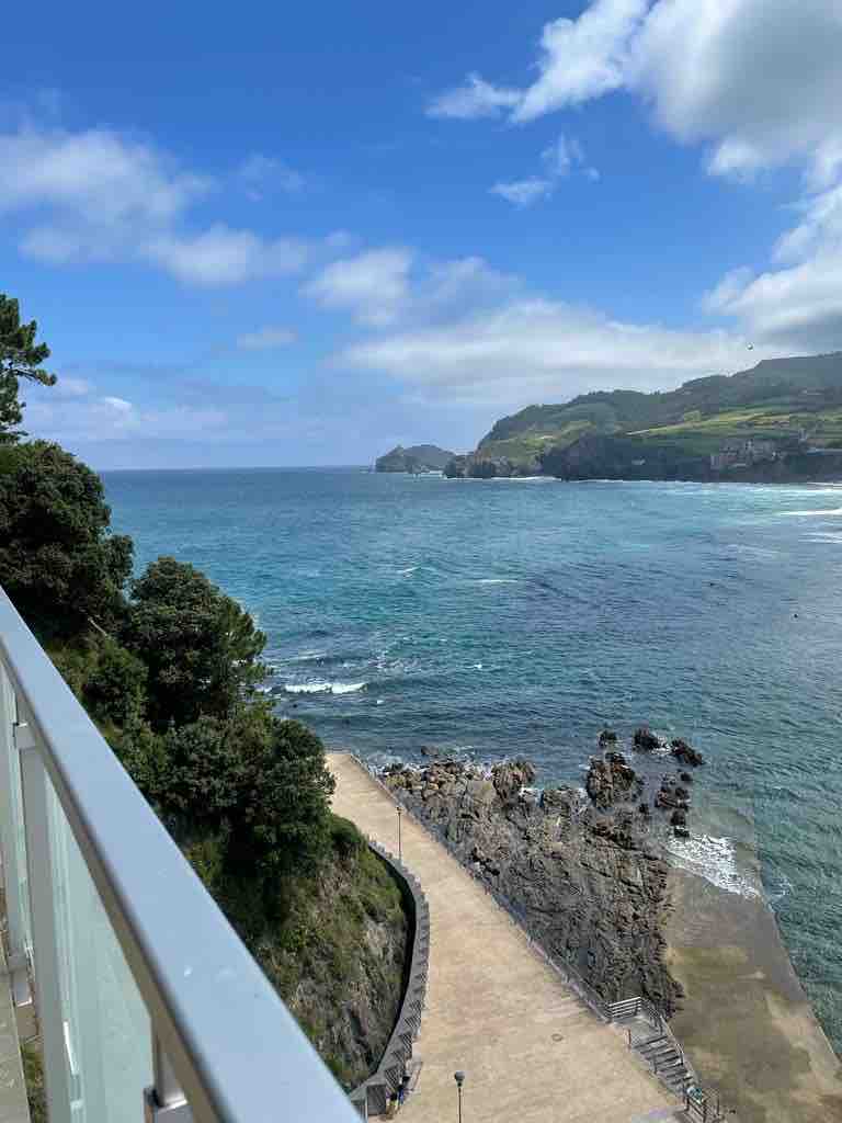 A scenic view of the coastline is visible from the terrace, featuring calm blue waters gently lapping against the rocky shoreline. Lush green hills rise in the background, under a partly cloudy sky. The image captures the surrounding natural beauty.