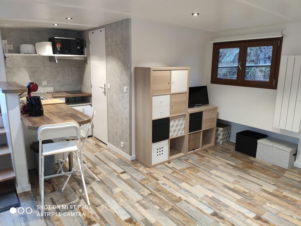 A well-equipped studio kitchen features modern appliances and light wood cabinetry. A dining area with a simple table and two chairs is positioned near a window. Storage units in various designs are present, along with a desk and a computer setup, providing a functional living space.