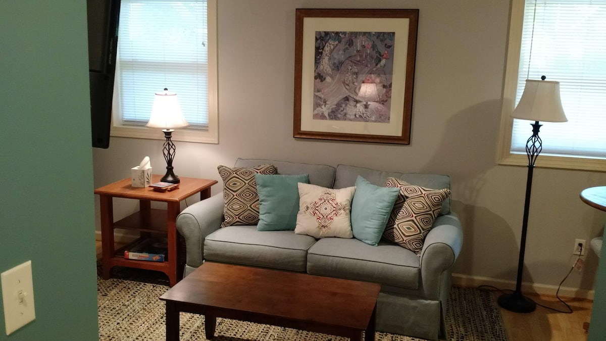 Sofa ya starehe yenye kitanda cha ukubwa kamili kwa ajili ya wageni wa ziada. 