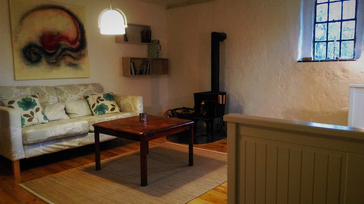 View of the living area with its cozy wood burning stove