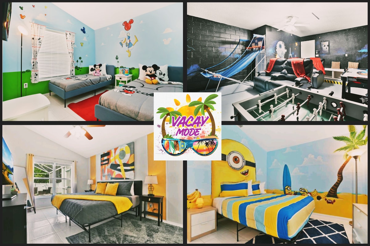 A family-friendly room displays cheerful, colorful murals featuring beloved characters, while two spacious beds are framed by light blue walls. A game room is highlighted with foosball and a basketball hoop, contributing to a playful atmosphere. Natural light enters through large windows, enhancing the bright decor.