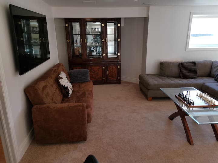 يحتوي SkyView على سرير أريكة قابل للطي في غرفة المعيشة وهو "مزدوج ".  يمكنك أيضًا رؤية المدخل إلى على اليسار الذي يذهب إلى غرفة نوم SkyView 2.