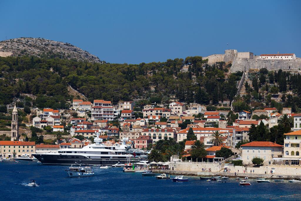 view from the terrace - the city harbor with a fortress