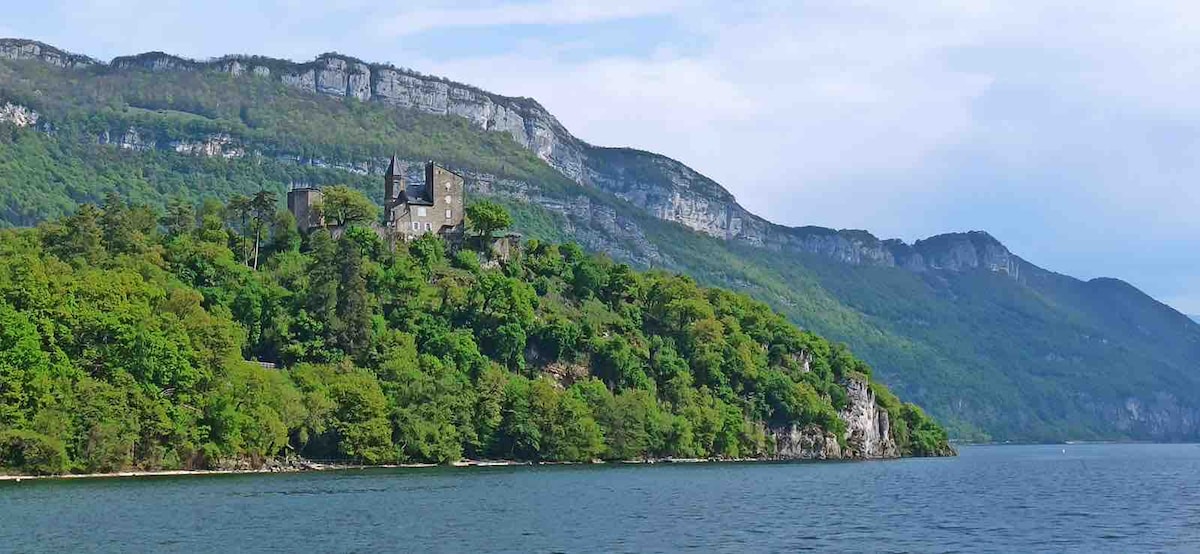A scenic view of a lush green hillside extends to an old castle perched among the trees. The surrounding landscape features mountains in the background under a soft blue sky, with a calm body of water reflecting the area’s natural beauty.