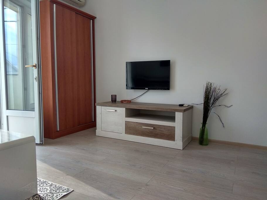 View on TV and balcony with closet