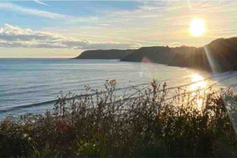 Gentle waves lap at the shoreline, reflecting the golden hues of a setting sun. The landscape is framed by natural vegetation, with rolling hills visible in the background. The tranquil scene conveys a serene coastal atmosphere.