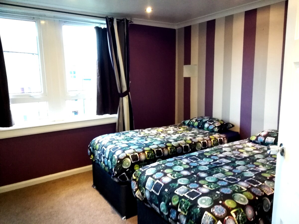 A twin room is presented with two comfortable beds, each set with vibrant, patterned bedding. Striped purple and white walls create a contemporary backdrop, enhanced by natural light streaming through two windows. Dark curtains frame the windows, complementing the light carpeted floor.