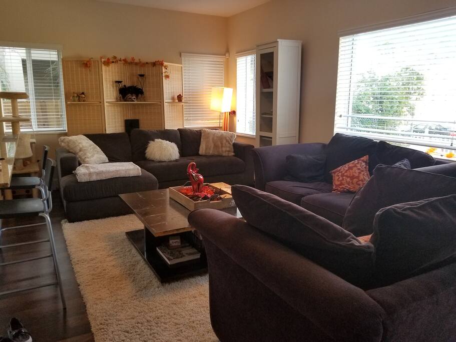Big living room with mutliple couches and chairs to keep everyone comfortable. Two high chairs at the kithen counter, nice big center window looking out the front yard.