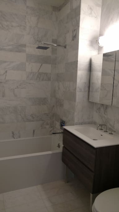 All marble, pristine, new bathroom with rain shower.