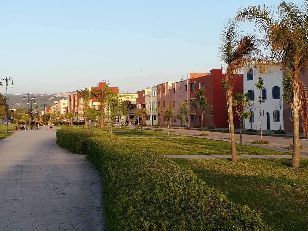 A wide pathway meanders through manicured lawns, with vibrant multi-colored buildings lining either side. Tall palm trees are positioned along the walkway, providing a tropical feel. The scene is bathed in warm sunlight, enhancing the inviting outdoor atmosphere.