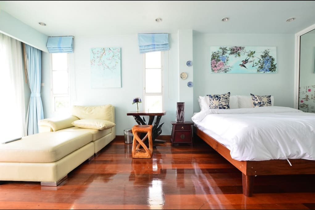 Wooden bed and sofa bed.