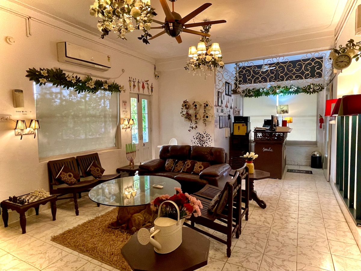 A spacious lounge area features a glass coffee table surrounded by comfortable seating on a plush rug. Soft lighting from ornate chandeliers creates a cozy ambiance. Decorative plants and wall art enhance the inviting atmosphere, with a glimpse of the kitchen area visible in the background.