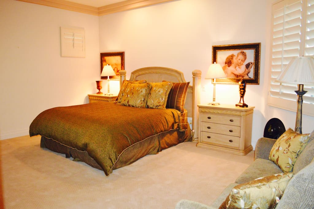 Bedroom: King size bed, night stands, windows with blinds, lights, T.V., and a couch.