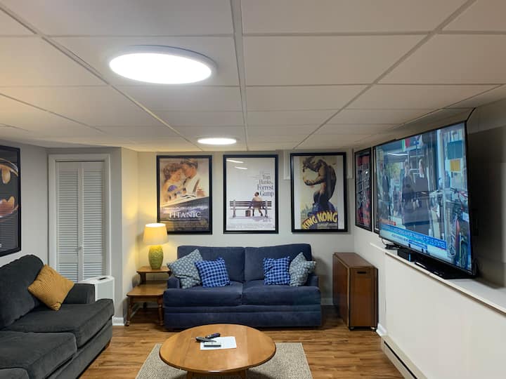 Sala de TV, el sofá azul es un sofá cama tamaño queen.