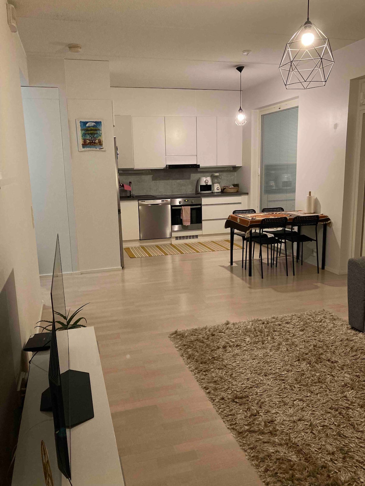 A modern kitchen area is visible, featuring stainless steel appliances and a light-colored countertop. A dining table with black chairs is positioned next to the kitchen. A plush rug covers the floor in the living space, which includes a television and a small plant on a console.