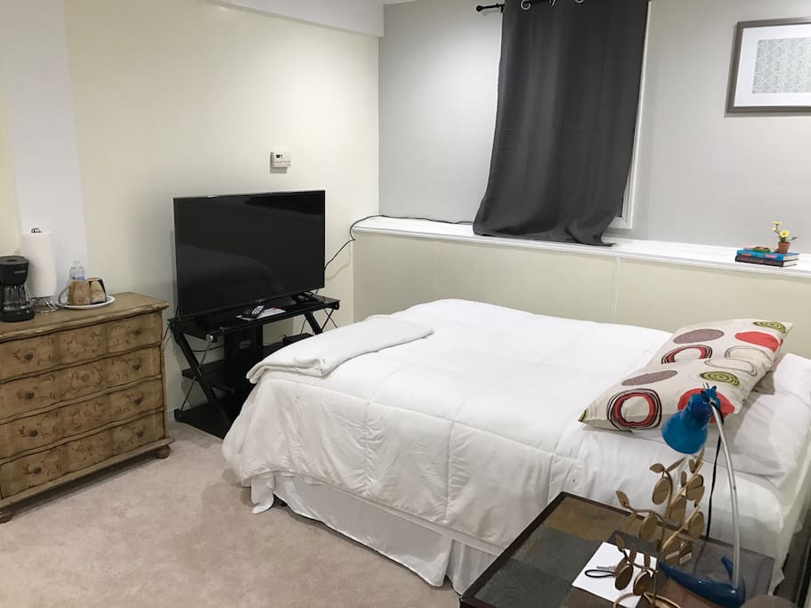Queen bed with cable tv.