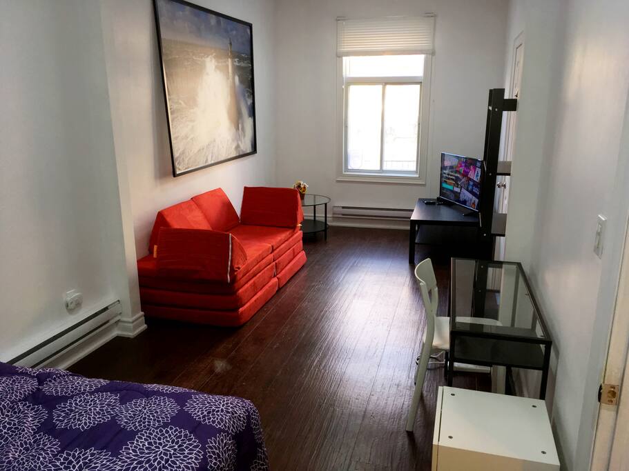 Turn to your right and you'll enter the spacious open concept living room - bedroom. You'll discover the unique NUGGET SOFA-BEDS that can fit an extra 2 people (for a total of 6 guests). The sofa beds can be changed into tents and playgrounds or more for children.