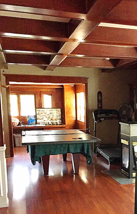 Pong/pool table, gas fireplace