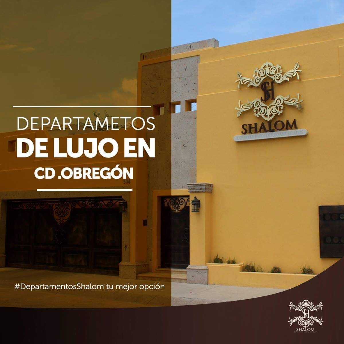 The exterior of a modern building is showcased, featuring a beige facade with decorative elements. The name 'Shalom' is prominently displayed above the entrance, which is framed by large windows. A welcoming atmosphere is suggested by the well-maintained surroundings.