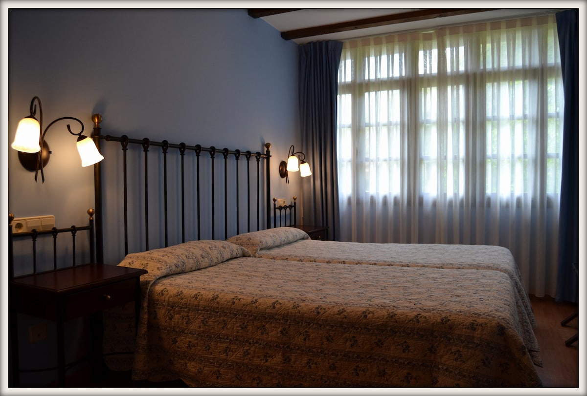 A serene sleeping area features two spacious beds with patterned bedding placed side by side. Bedside tables with lamps are positioned on either side. Natural light filters through large windows dressed with light curtains, enhancing the calming blue walls.