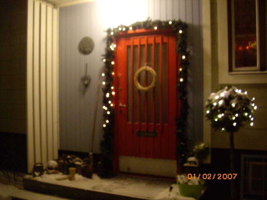 Front entrance during Christmas time.