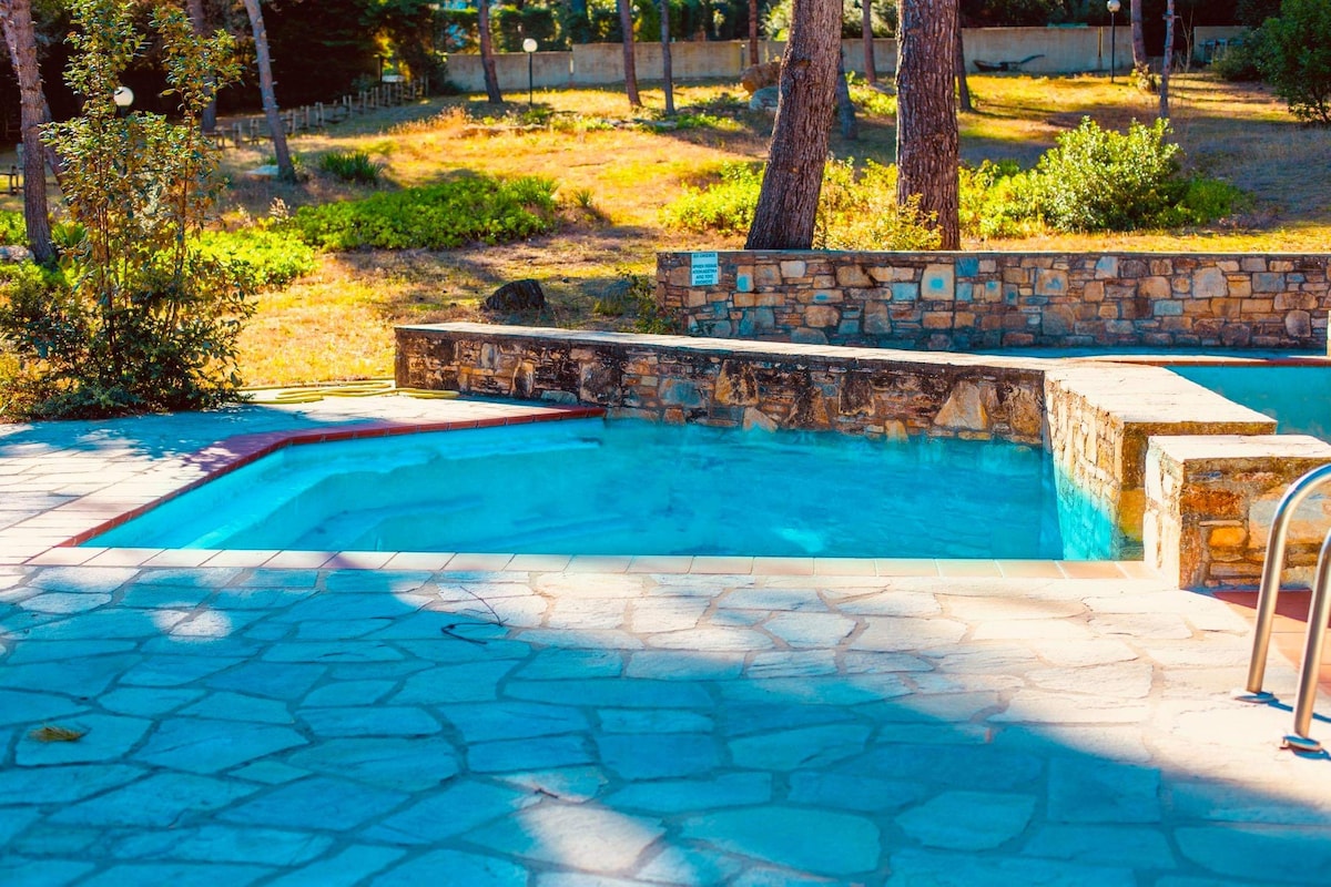 A serene swimming pool is framed by stone walls and surrounded by a natural landscape. The pool features a shallow area leading to deeper water, with a patio made of stone tiles extending around its perimeter.