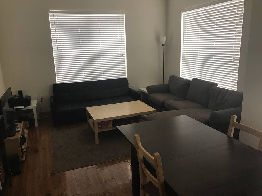 Living room w/ one futon and one very comfortable couch (sleeping bag and bedding provided)