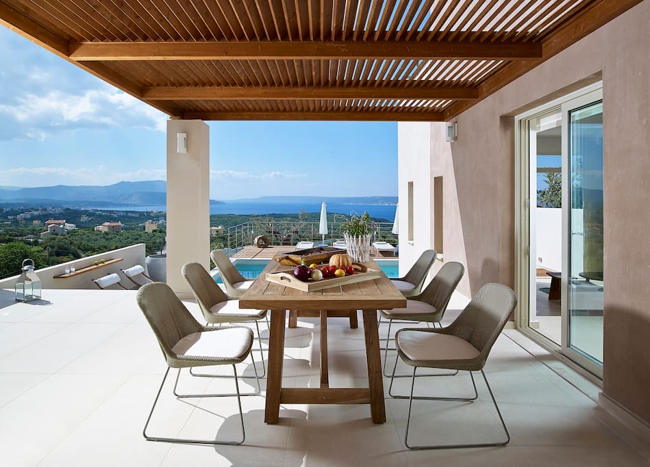 Outdoor dining area with incredible views to Souda Bay
