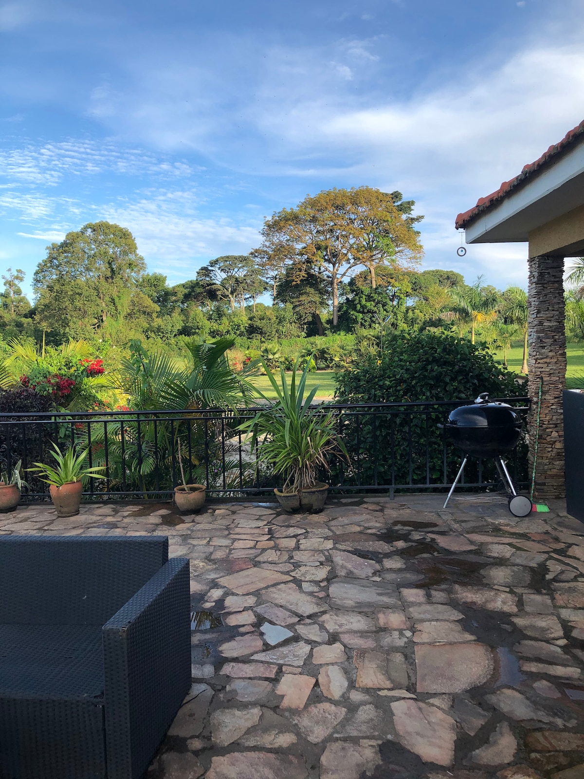 A stone patio area is visible, featuring a charcoal grill and several ornamental plant pots. Lush greenery and trees frame the background, complemented by a bright blue sky. A modern seating arrangement is situated on the patio, providing a comfortable outdoor space.