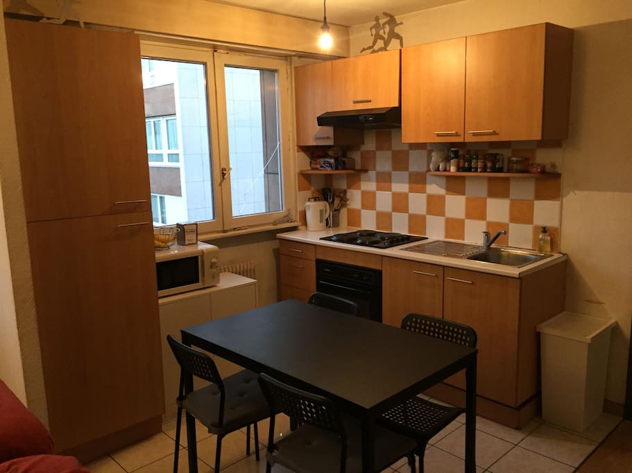 Cuisine (frigo,four, plaques, micro-onde, bouilloire, grille pain)