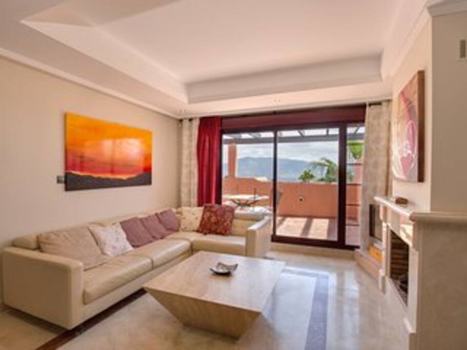 Lounge room with very large leather sofa