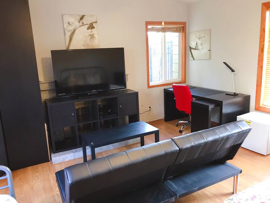 Room S , queen size bed , twin size bed , tv , huge closet ,sofa bed , small refrigerator