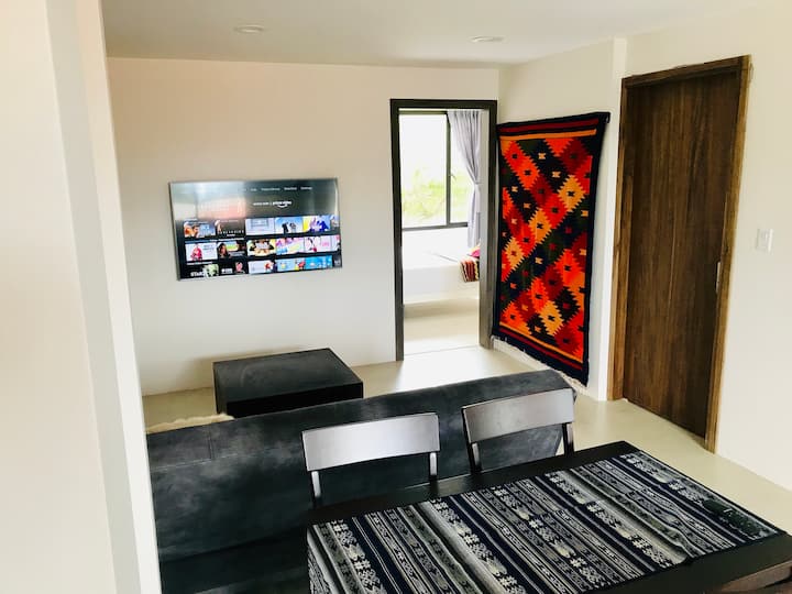 55” Smart TV for streaming videos to enjoy from a comfy sofa bed.