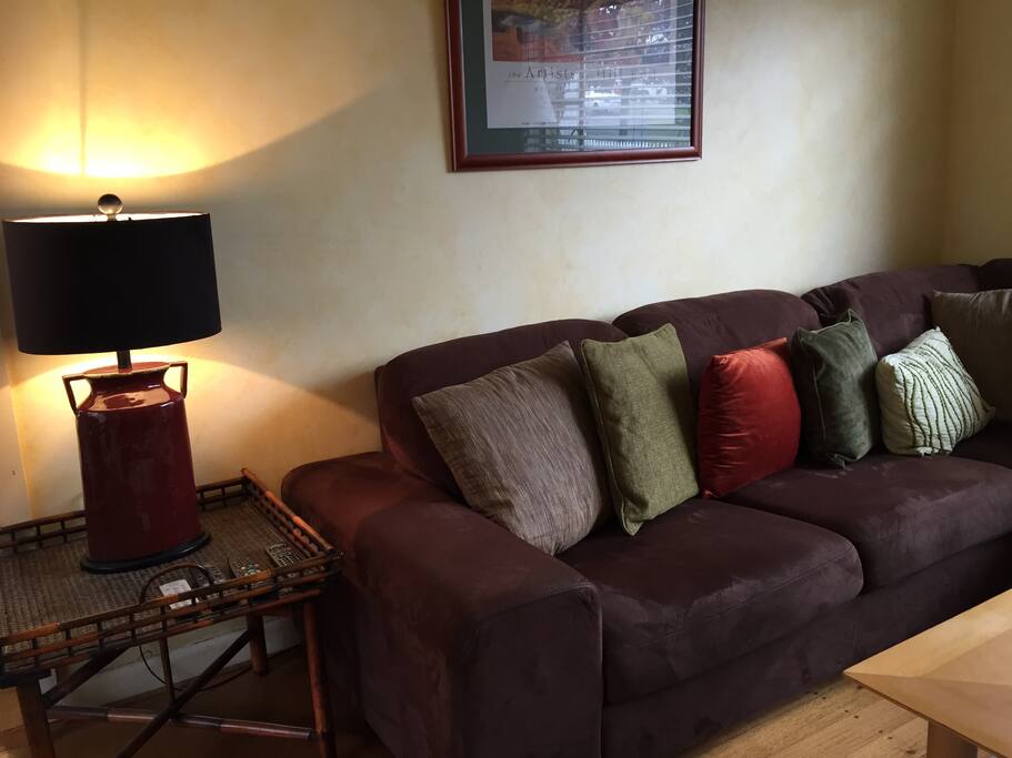 Comfortable couches and lots of cushions in 2 separate living rooms.