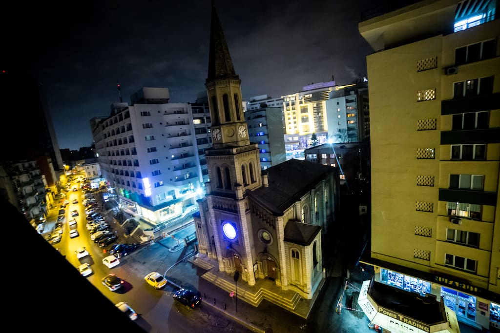 View from the Terrace behind downtown Radisson Hotel view directly to the Lutheran Church on Luterana Street.