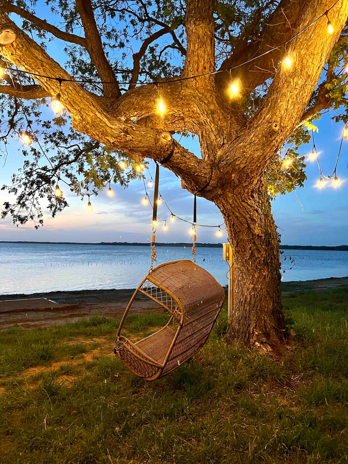 A cozy hanging chair is suspended from a large tree, adorned with string lights that create a soft glow. The serene waters of a lake are visible in the background, complementing the tranquil outdoor setting.