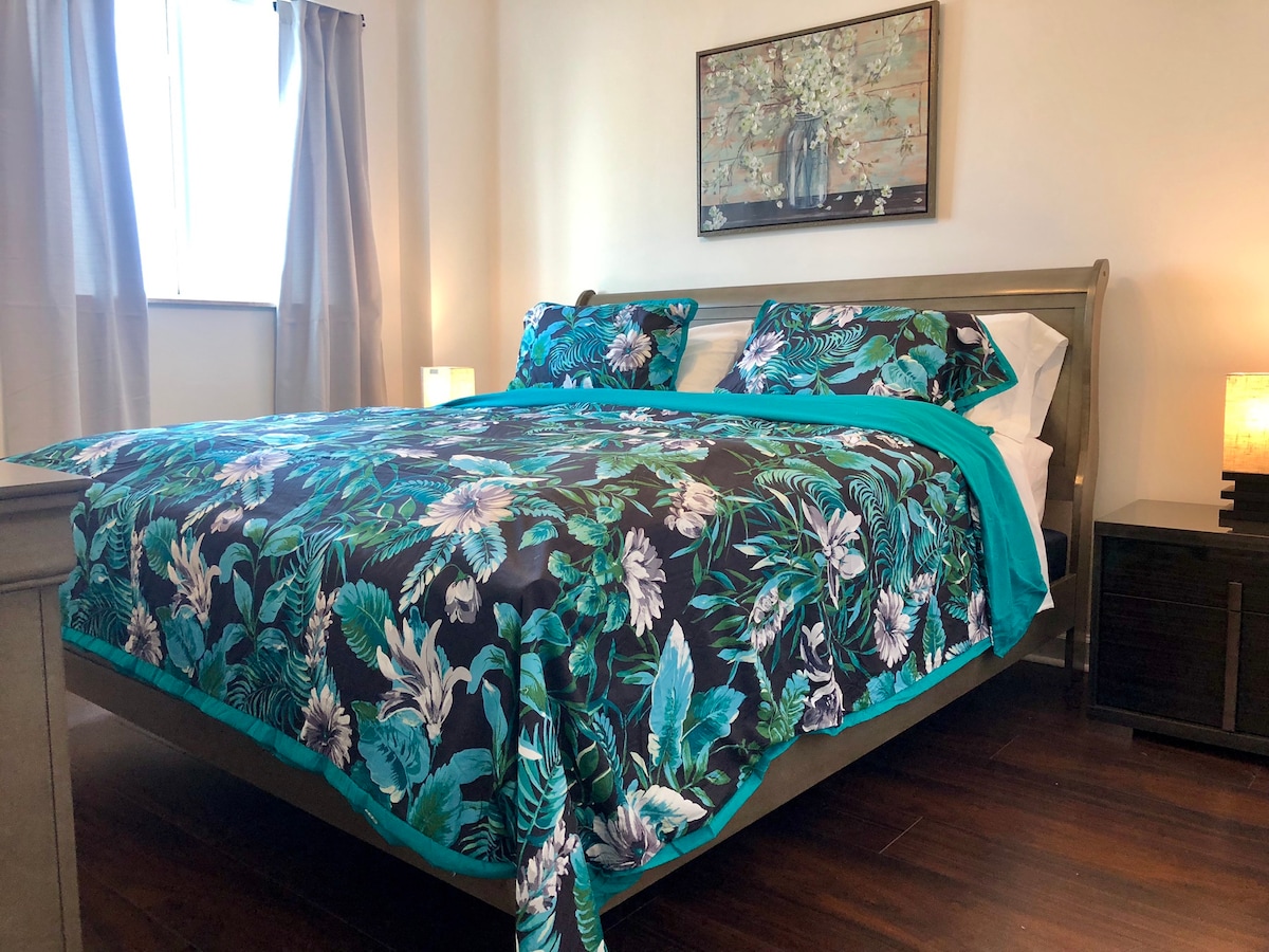 Прекрасна главна спална соба со брачен кревет, телевизор и бања. 