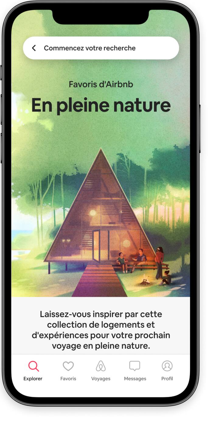 L'écran d'accueil qui met en avant la collection de favoris En pleine nature dans l'application Airbnb.